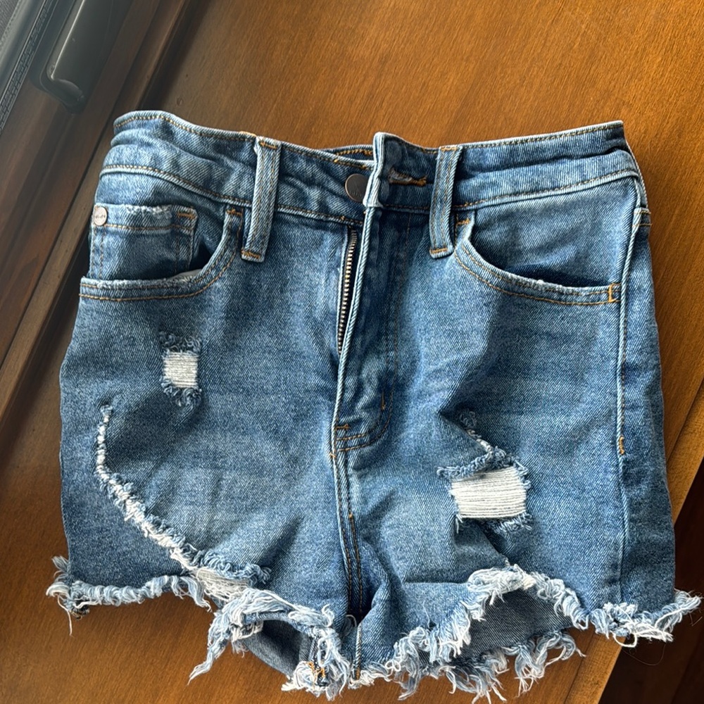 Blue Distressed High-Waisted Jean Shorts